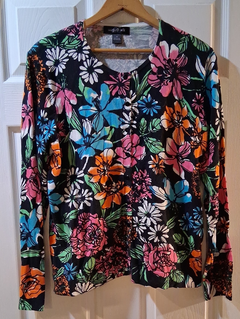August Silk Black Floral Button-Front Long Sleeve Cardigan